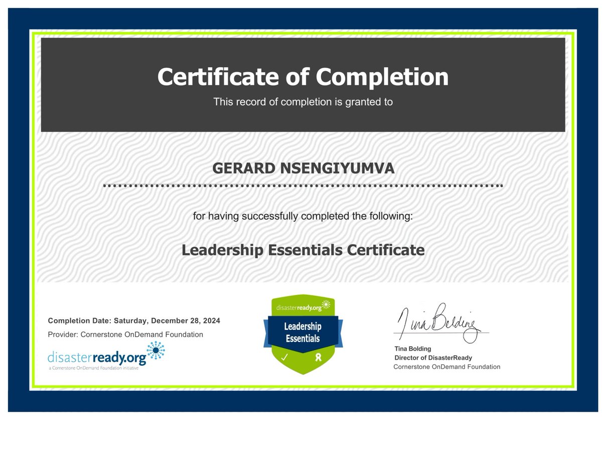 SpecialGN_UN's tweet image. I've successfully completed another #LeadershipStudy &amp;amp; Exam (Score: 87.5%. Pass: 80%).📚
This advances my leadership &amp;amp; people management skills as prepared in the Leadership Essentials Certificate in #DisasterReady.

THANKS to @UN @UNDP @UNVolunteers &amp;amp; Training Providers. 1213234