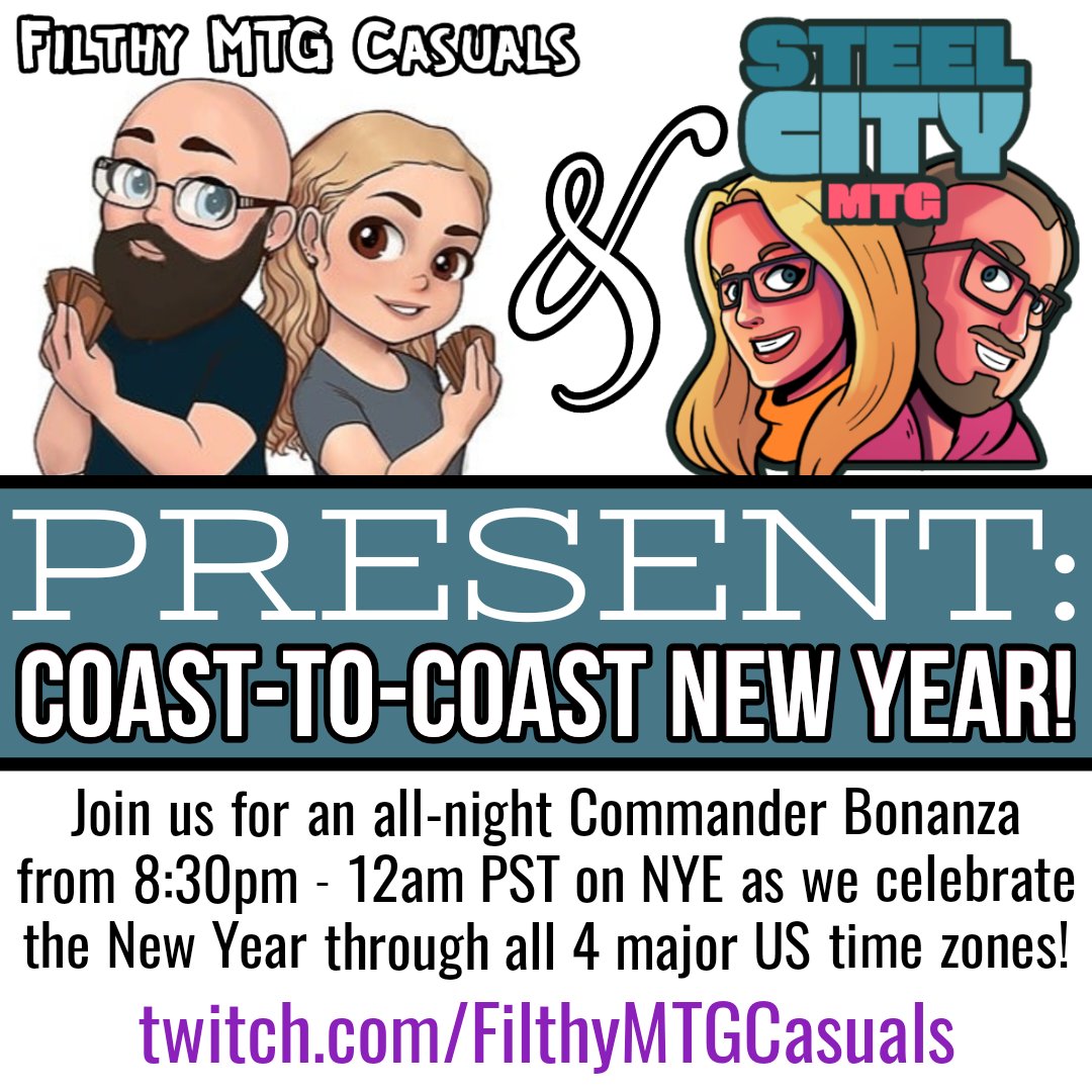 Steph 🔜 LDXP Santa Clara 🔜 F2F Niagara Falls (@steelcitysteph) on Twitter photo Got plans on NYE?
Why don't you come hang out with me, <a href="/steelcitybrad/">SteelCityBrad is on Bluesky</a>, <a href="/Doni_FMTGC/">Doni_FilthyMTGCasuals</a>, and <a href="/filthymtgcasual/">Jen_FilthyMTGCasuals - find me elsewhere 🦋</a> as we stream our way through all 4 major USA timezones... COMMANDER-STYLE?!
Mark your calendars💜 Got plans on NYE?
Why don't you come hang out with me, <a href="/steelcitybrad/">SteelCityBrad is on Bluesky</a>, <a href="/Doni_FMTGC/">Doni_FilthyMTGCasuals</a>, and <a href="/filthymtgcasual/">Jen_FilthyMTGCasuals - find me elsewhere 🦋</a> as we stream our way through all 4 major USA timezones... COMMANDER-STYLE?!
Mark your calendars💜