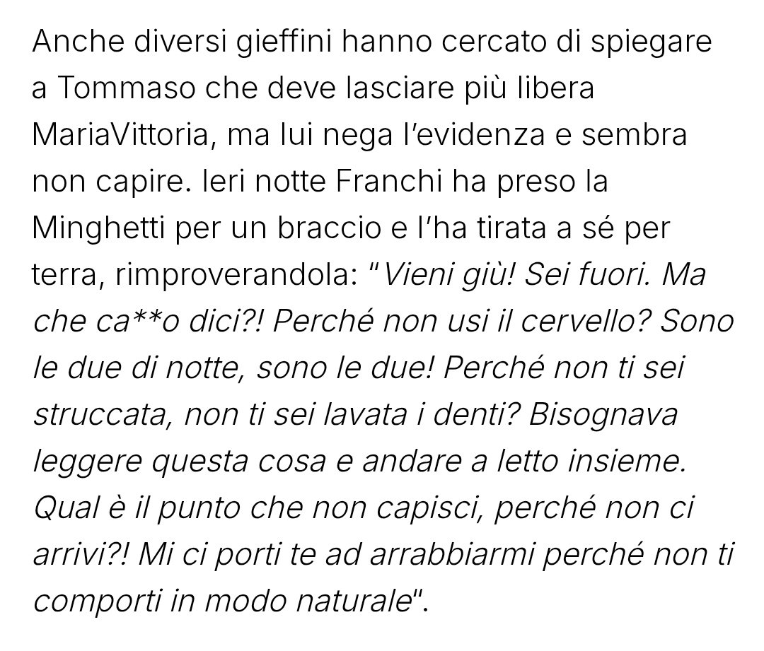 Questa parte di articolo fa capire ancora di più la TOSSICITA' di Tommaso e che lo dovrebbero allontanare subito da Maria vittoria!! Anche per tutto quello che e' uscito su di lui sui social! #grandefratello #fuoritommaso lang:it