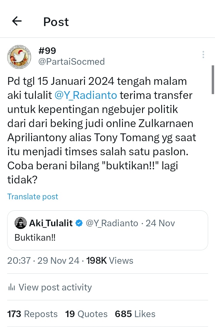 Disamping Budi Arie itu ada Tony yg merupakan koordinator bandar judol sekaligus koordinator buzzer. Dia merupakan timses Ganjar-Mahfud di pilpres kemarin dan pernah mentransfer langsung kepada <a href="/Y_Radianto/">Aki_Tulalit</a> utk bayaran ngebuzzer PDIP.
Ayo aki tantang kami utk membuktikan dong..!