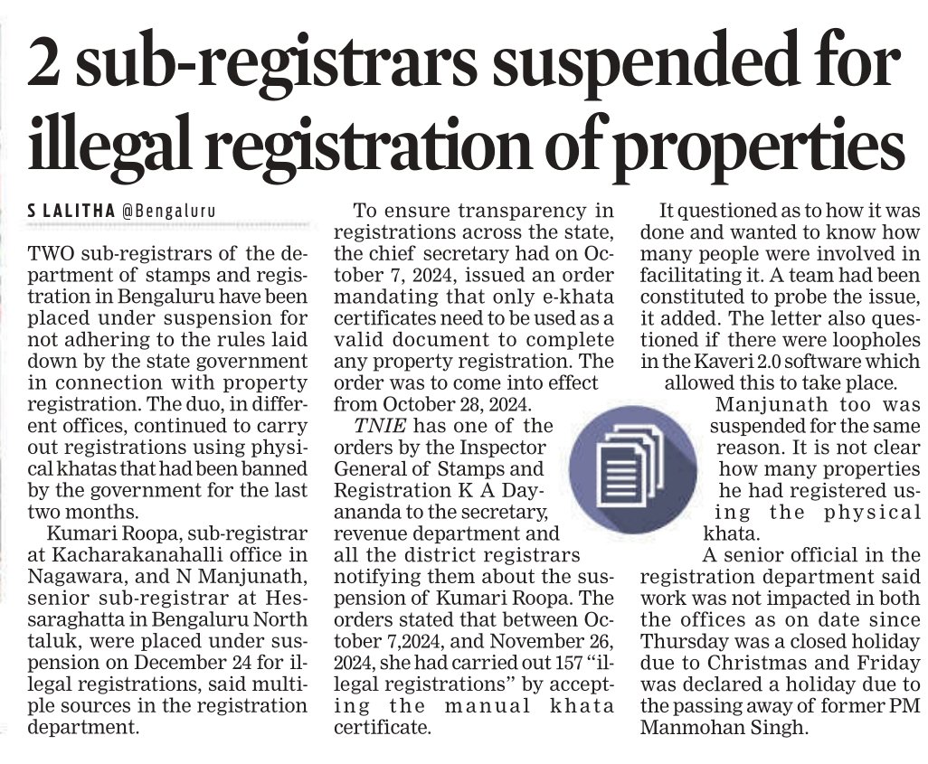Lolita_TNIE's tweet photo. Despite the State govt making e-khata mandatory for property regn to ensure transparency, two Sub-Registrars in #Bengaluru, one at Hessarghatta &amp; another at Kacherakanahalli have regd properties with physical khatas. Both suspended &amp; inquiry is on @NewIndianXpress @IGRKarnataka https://t.co/3Hyjq5gEZi