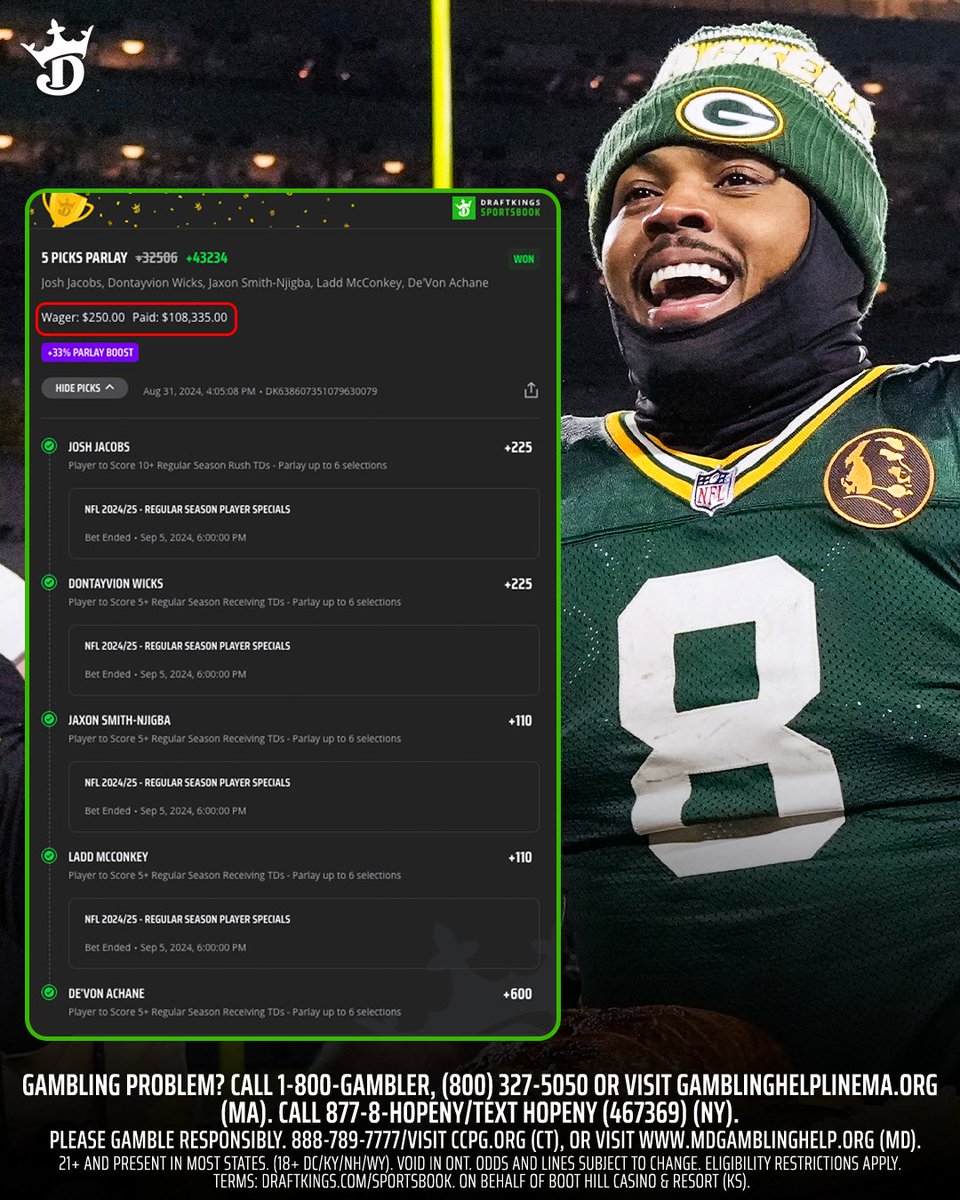 DraftKings Sportsbook (@dksportsbook) on Twitter photo $250 ➡️ $108K 🤑
A 5 leg season-long touchdown parlay cashed with a 33% Parlay Boost 🙌
#TheCrownIsYours🫴👑 | via <a href="/rmillerDFS/">russell_miller</a> $250 ➡️ $108K 🤑
A 5 leg season-long touchdown parlay cashed with a 33% Parlay Boost 🙌
#TheCrownIsYours🫴👑 | via <a href="/rmillerDFS/">russell_miller</a>