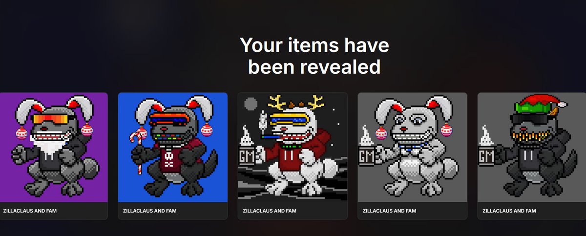 StoopidR1ch's tweet image. HAPPY HOLIDAYS EVERYONE!!!!

ITEMS HAVE REVEALED🎅🚀🎅🚀🎅🚀
opensea.io/collection/zil…

#PostChristmas #BoxingDay $GME #MerryChristmas #HappyHolidays #Christmas #Santa #FelizNavida #MerryXmas #Y3000 #BASEZILLAS $MORT #Solana #Bitcoin #Ethereum $PEPE $XLM #Opensea $SHIB $LTC #ETH