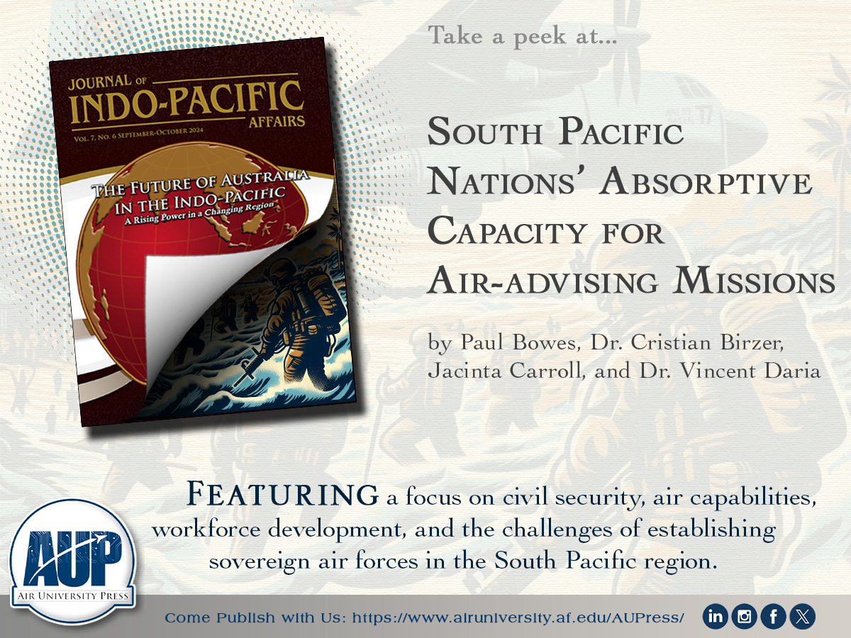 Journal_INDOPAC's tweet image. @Journal_INDOPAC Vol 7 No 6, Sept-Oct 2024: "South Pacific Nations’ Absorptive Capacity for Air-advising Missions" by Paul Bowes, et al.

Read: ow.ly/w3SB50U67cv
Full Journal: ow.ly/S1eW50U67cw

#IndoPacific #JIPA #AUPress #AirUniversity #Defense #Policy