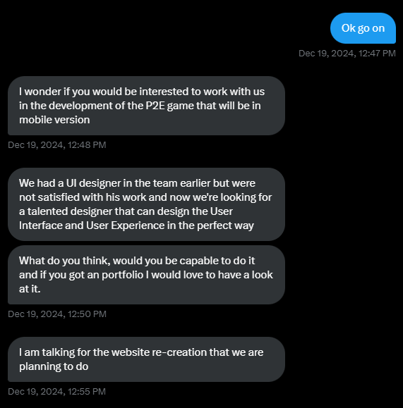 dash_wealth's tweet photo. Shedding some light on a modern scam. 🚩
I've now seen a couple variations of this on X.

1. User reaches out to you showing interest in your work.

2. User may ask for example of your work.

3. User may even ask to hop on a call to discuss the work.

4. User will send you an invite to a fake project management app that is designed to steal your credentials. 

Be careful out there.