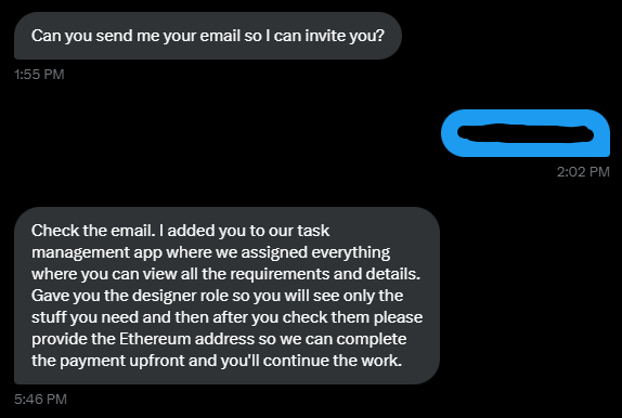 dash_wealth's tweet photo. Shedding some light on a modern scam. 🚩
I've now seen a couple variations of this on X.

1. User reaches out to you showing interest in your work.

2. User may ask for example of your work.

3. User may even ask to hop on a call to discuss the work.

4. User will send you an invite to a fake project management app that is designed to steal your credentials. 

Be careful out there.