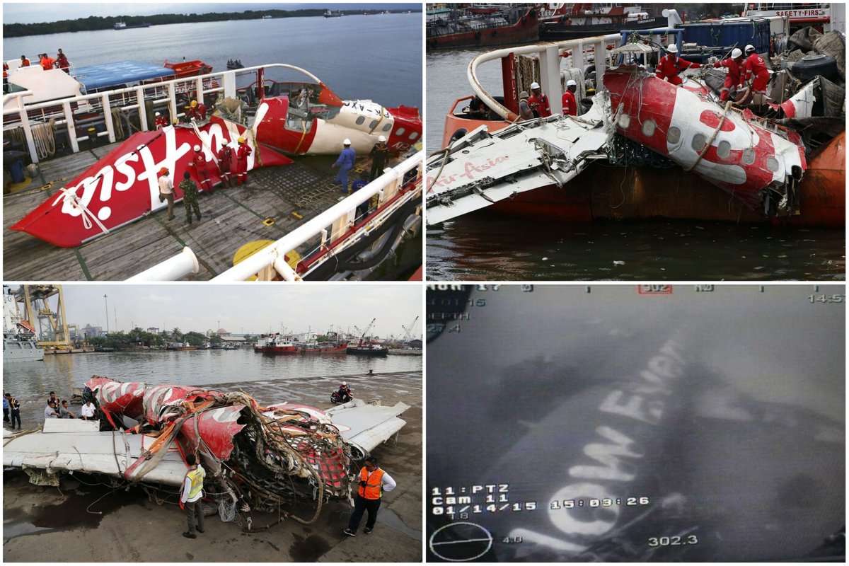 OnDisasters's tweet photo. 🧵#Thread 1/12 #OTD in 2014: Indonesia AirAsia Flight 8501, an A320, crashes in Karimata Strait (Indonesia), all 162 aboard die. Jet went out of control while troubleshooting a rudder issue. Enquiry found crew actions dealing with problem broke SOP; poor CRM, maintenance were also factors.