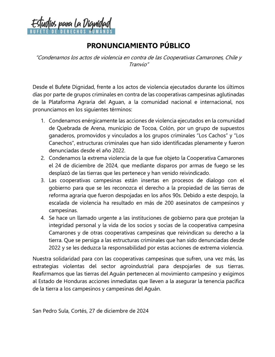 PRONUNCIAMIENTO PÚBLICO: "Nuestra solidaridad para con las cooperativas campesinas que sufren, una vez más, las estrategias violentas del sector agroindustrial para despojarles de sus tierras".

Lea aquí el documento completo: