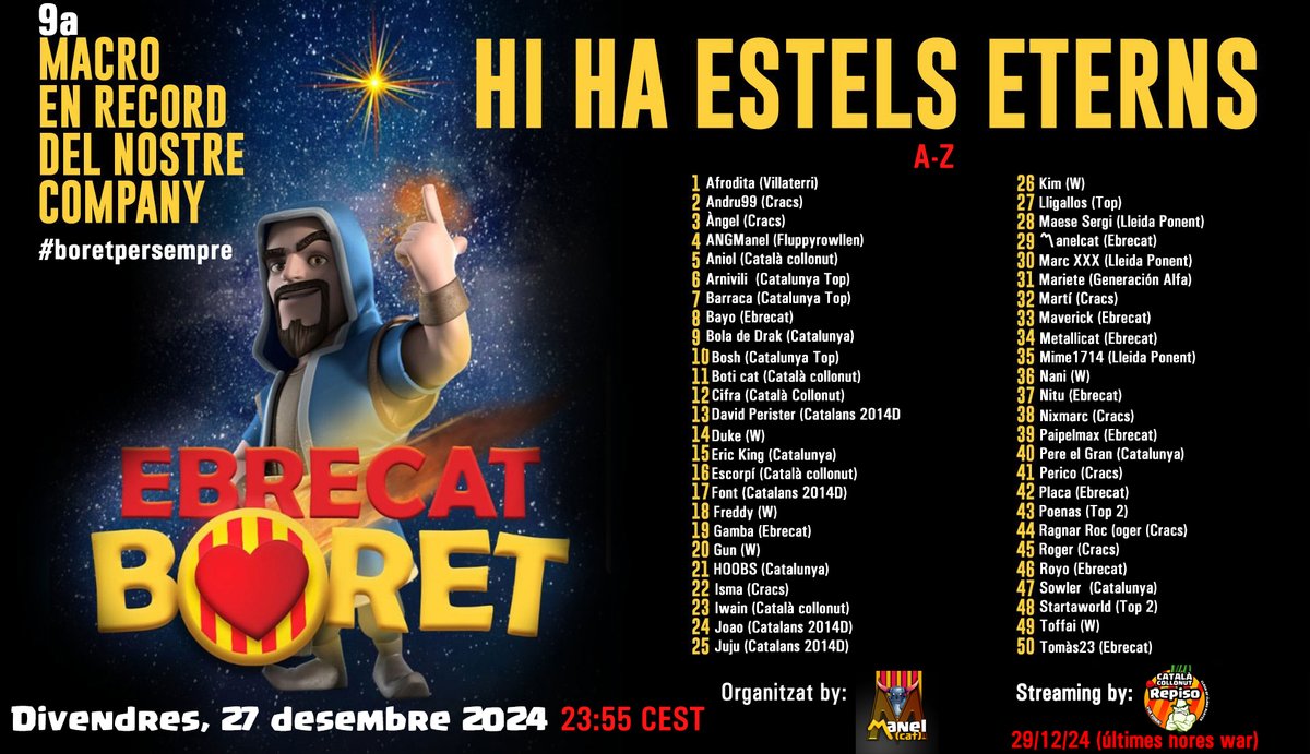 Per Nadal, cada clasher al seu corral! Quan la unió de la comunitat catalana de #ClashOfClans es manifesta, passen coses meravelloses.
Aquesta vegada 9a macro en honor al nostre company Boret.  Últimes hores d'streaming pel gran <a href="/iwain16/">Repiso</a> al seu #YouTube 
Que comenci la festa!!