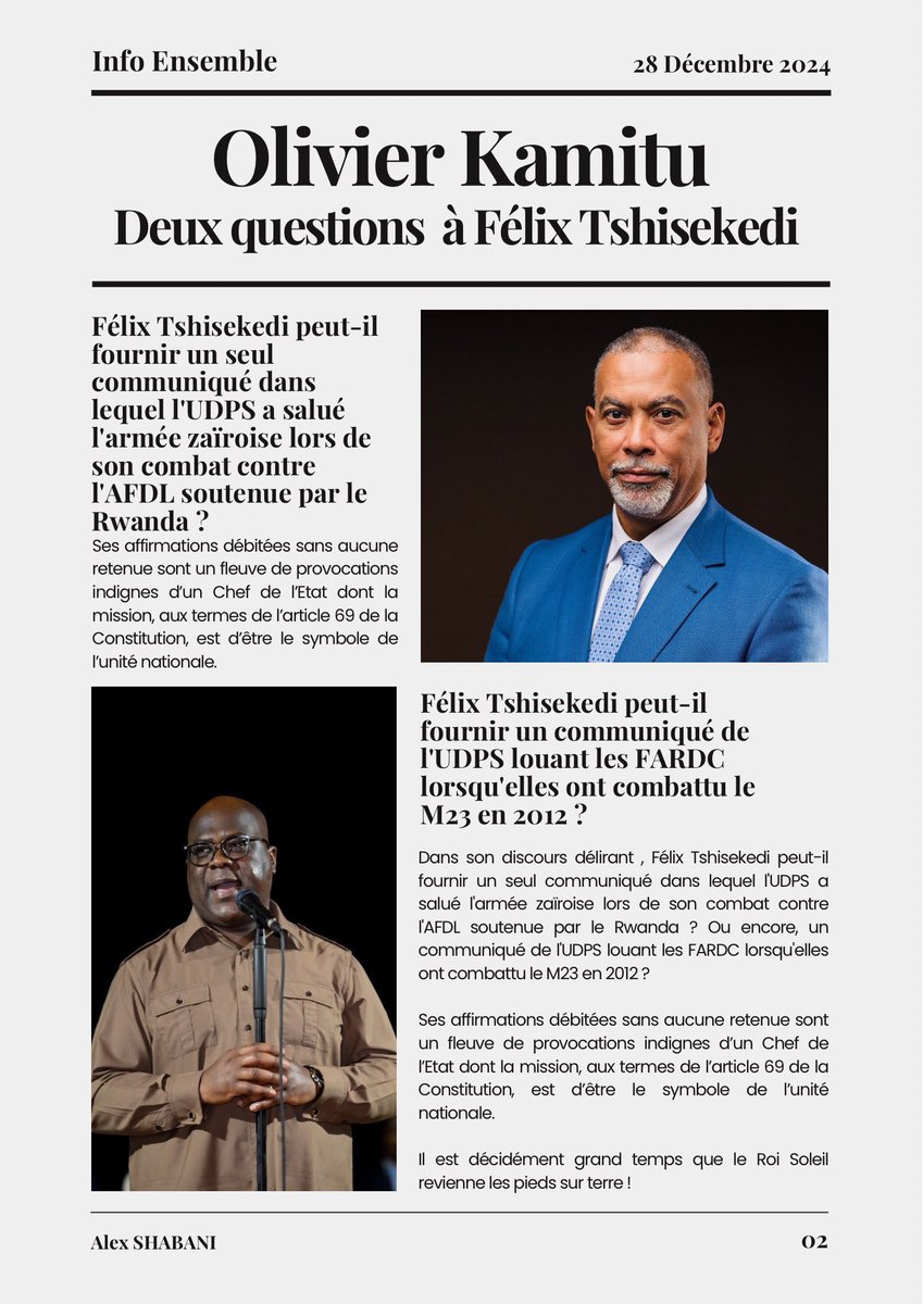 Félix Tshisekedi peut-il fournir un seul communiqué dans lequel l'UDPS a salué l'armée zaïroise lors de son combat contre l'AFDL soutenue par le #Rwanda ? Ou encore, un communiqué de l'UDPS louant les FARDC lorsqu'elles ont combattu le M23 en 2012 ? <a href="/OlivierKamitatu/">Olivier Kamitatu Etsu</a>