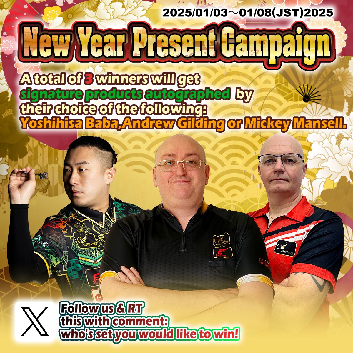 CosmoDartsInt's tweet photo. 🎊NEW YEAR Campaign Giveaway 🎊

Win products autographed by: A.Gilding @Goldfinger180 ,M. Mansell @C10noeCyclone  or 
Y.Baba @88yoppy88 

Rules:
🎯Follow @CosmoDartsInt
🎯RT this post with comment: Whose product you want!

Ends 2025/01/08 (JST)

#CosmoDarts #FitFlight #Giveaway https://t.co/1X62Ocpyik