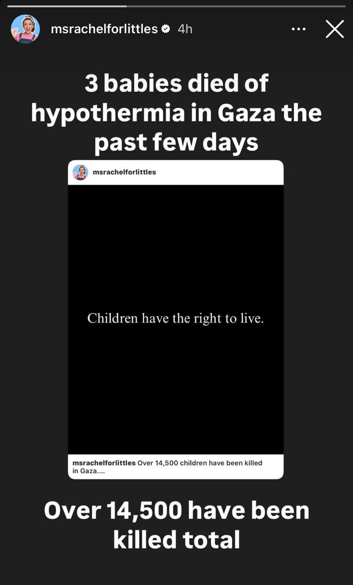 Ms. Rachel continues to spew her propaganda about Gaza numbers, never once mentioning the babies kidnapped or murdered by Hamas.

Also, it’s in the 50’s/60’s in Gaza, not exactly freezing weather.