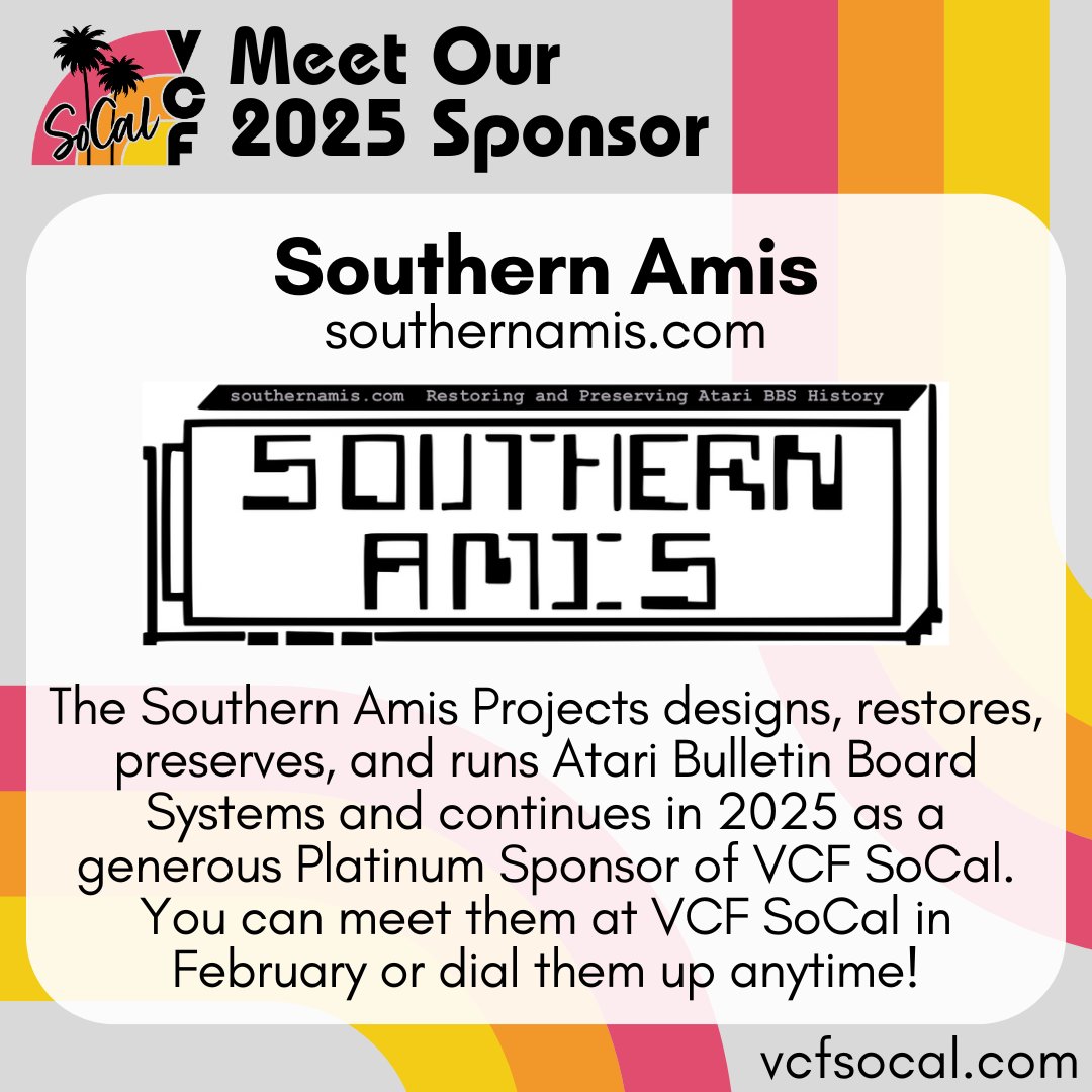 VCFSoCal's tweet photo. Thank You Southern Amis for your Sponsor Support of VCF SoCal 2025! :)
#SouthernAmis #Atari #BBS #Modem #WiFiModem #VCFSoCal #VCF #VCFed #VCFederation #Festivals #VintageComputing #RetroComputers #RetroGaming #FUN https://t.co/rIDcEm6Z5o