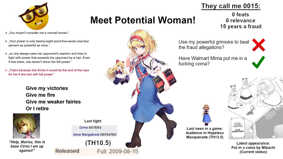 「𝑻𝒉𝒆 𝒆𝒙𝒊𝒔𝒕𝒆𝒏𝒄𝒆 𝒐𝒇 𝒂 𝒈𝒊𝒓𝒍𝒇𝒓𝒊𝒆𝒏𝒅 𝒊𝒎𝒑𝒍𝒊𝒆𝒔 𝒂 𝒈𝒊𝒓𝒍𝒇𝒐𝒆. 𝑰 𝒄𝒂𝒏𝒏𝒐𝒕 𝒐𝒇𝒇𝒆𝒓 𝒚𝒐𝒖 𝒆𝒊𝒕𝒉𝒆𝒓 𝒐𝒇 𝒕𝒉𝒆𝒔𝒆 𝒕𝒉𝒊𝒏𝒈𝒔, 𝒃𝒖𝒕 𝑰 𝒄𝒂𝒏 𝒃𝒆 𝒚𝒐𝒖𝒓 𝒈𝒊𝒓𝒍𝒇𝒂𝒊𝒍.」

                  𝑨𝒍𝒊𝒄𝒆 𝑴𝒂𝒓𝒈𝒂𝒕𝒓𝒐𝒊𝒅

#TouhouRP