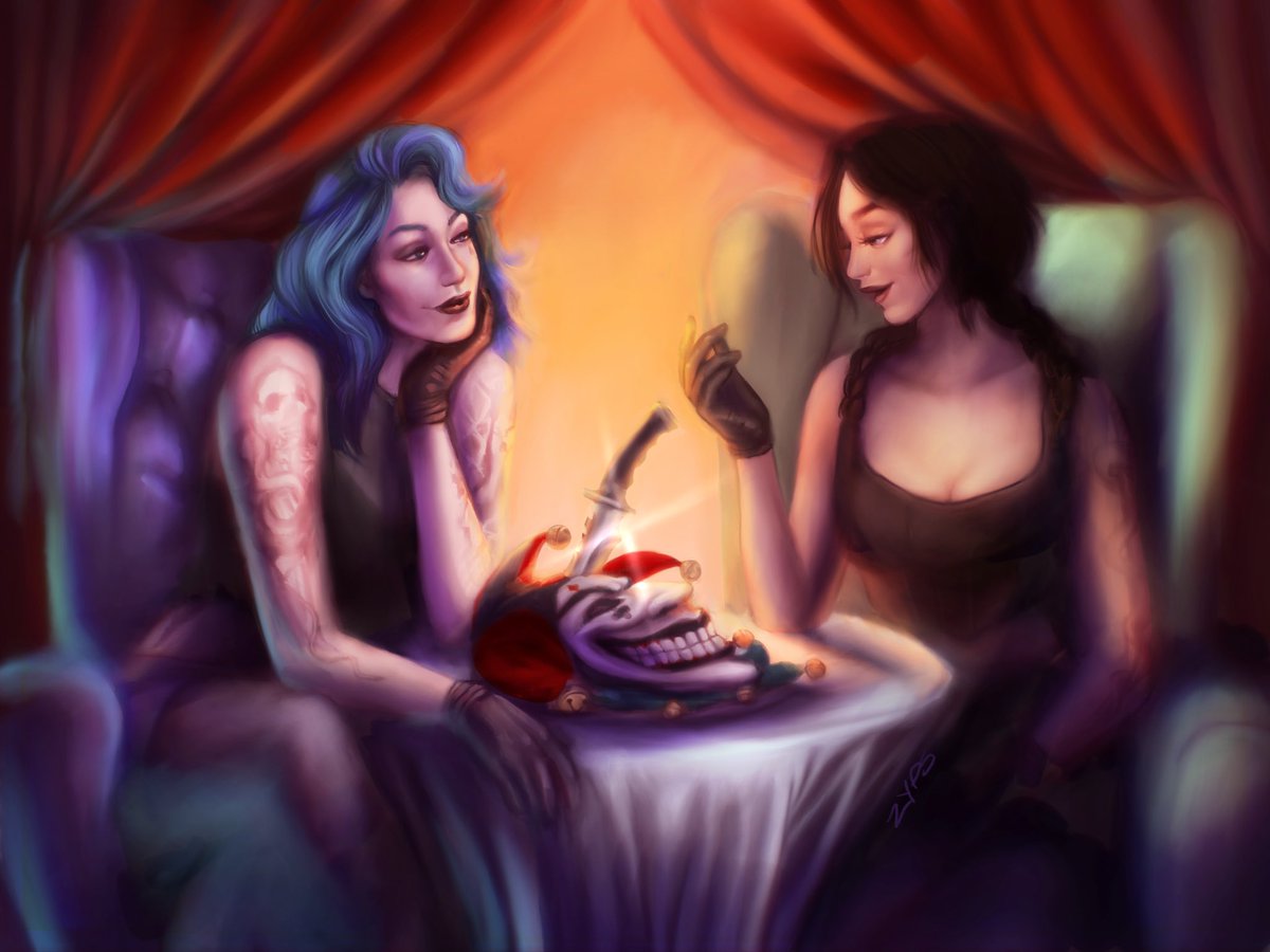 ✨Silver Platter💀
A long time coming commision from the lovely <a href="/sajierUS/">Sajier|sajier.bsky.social</a> 
He had a cool idea and I had to try an immortalize this girl talk over the concequences of a certain ex-clowns actions..
Truely two amazing women 🤩
#valkyrae #madamegandalf #fanart