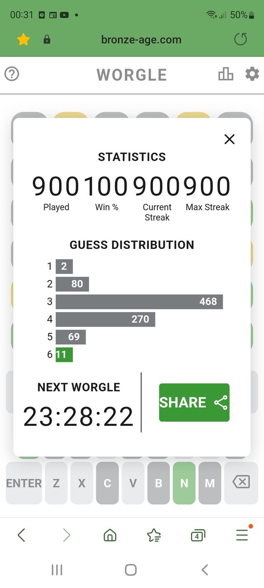 Took a while to get it in 6 moves, but that brings about the streak of 900!
#worgle #hotstreak 🔥