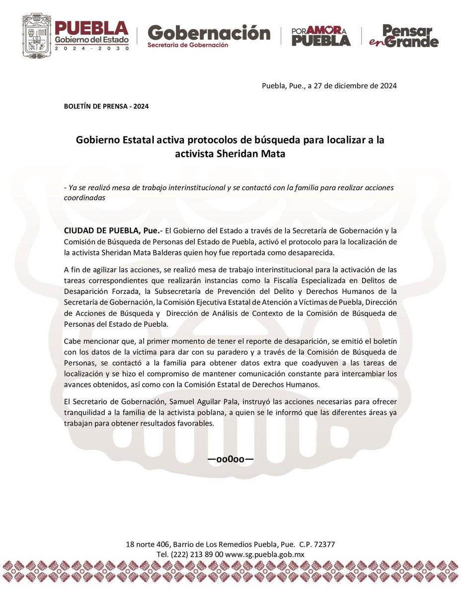 #SeBusca 
#Urgente

Sheridan Mata Balderas forma parte del Frente Poblano de Deudores Alimentarios y el colectivo y activistas la buscan.

<a href="/FiscaliaPuebla/">FGE Puebla</a> y <a href="/Segob_Puebla/">SEGOB Puebla</a>  ya iniciaron los protocolos.

#NiUnaMas