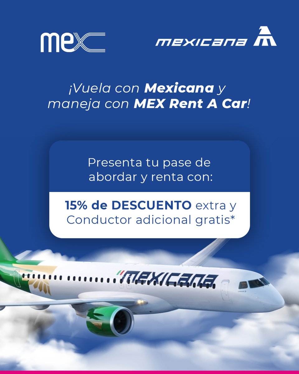 MexRentACar's tweet photo. ✈️ ¡Viaja y descubre lo mejor de México! 🚙 Al presentar en mostrador tu pase de abordar de @MexicanaVuela_  , recibe un 15% de descuento extra para tu renta y un conductor adicional gratuito.

🔥 No te lo pierdas: reserva hoy mismo en https://t.co/U3fvXqXxGx.

#NosotrosTeMovemos