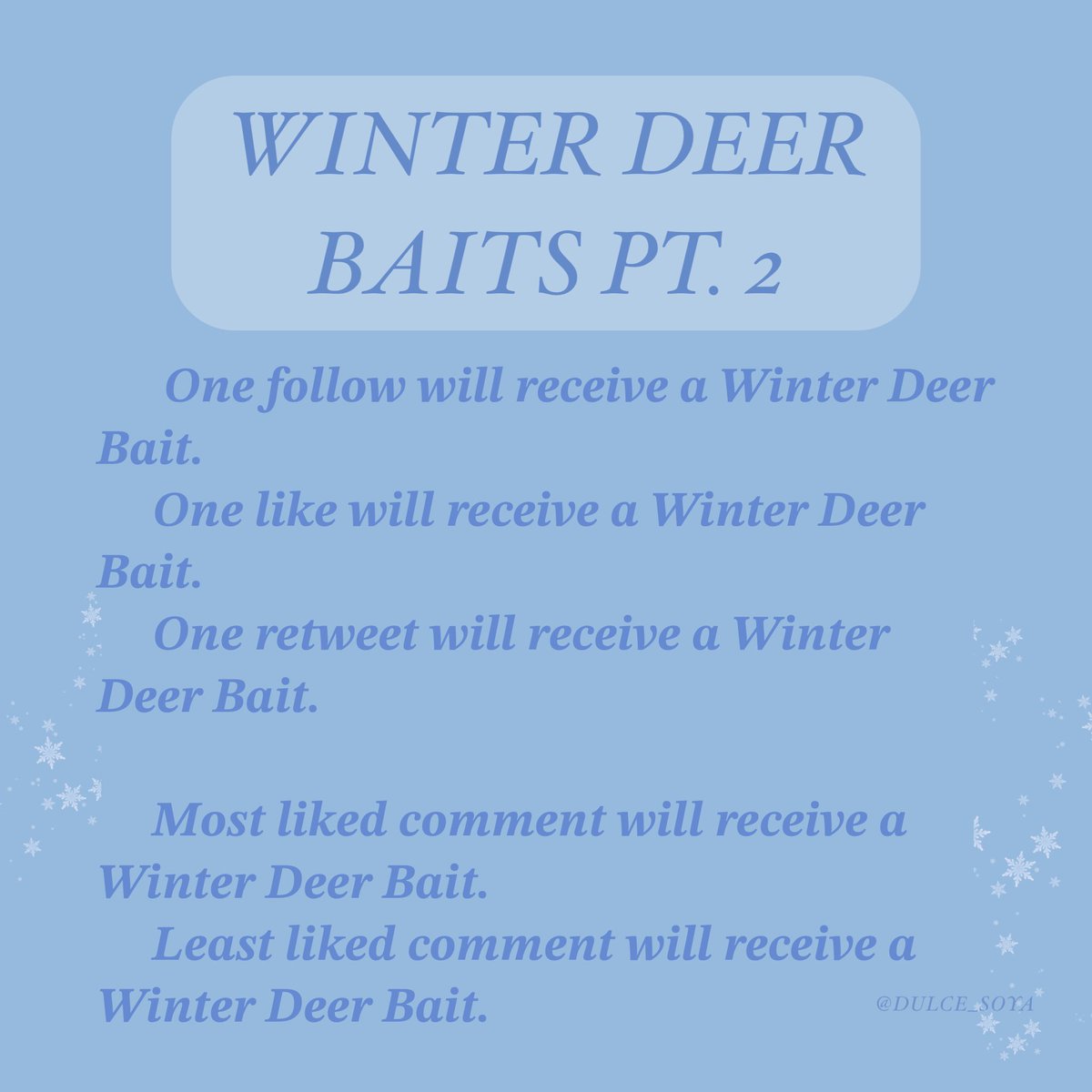 ADOPT ME GIVEAWAY 
❝ ཐི ₍ᐢ. ̞.ᐢ₎ ཋྀ  WINTER DEER BAITS PT. 2
(5 winners: 1 Deer Bait each) ❞  

↳ Check the tweet below to enter