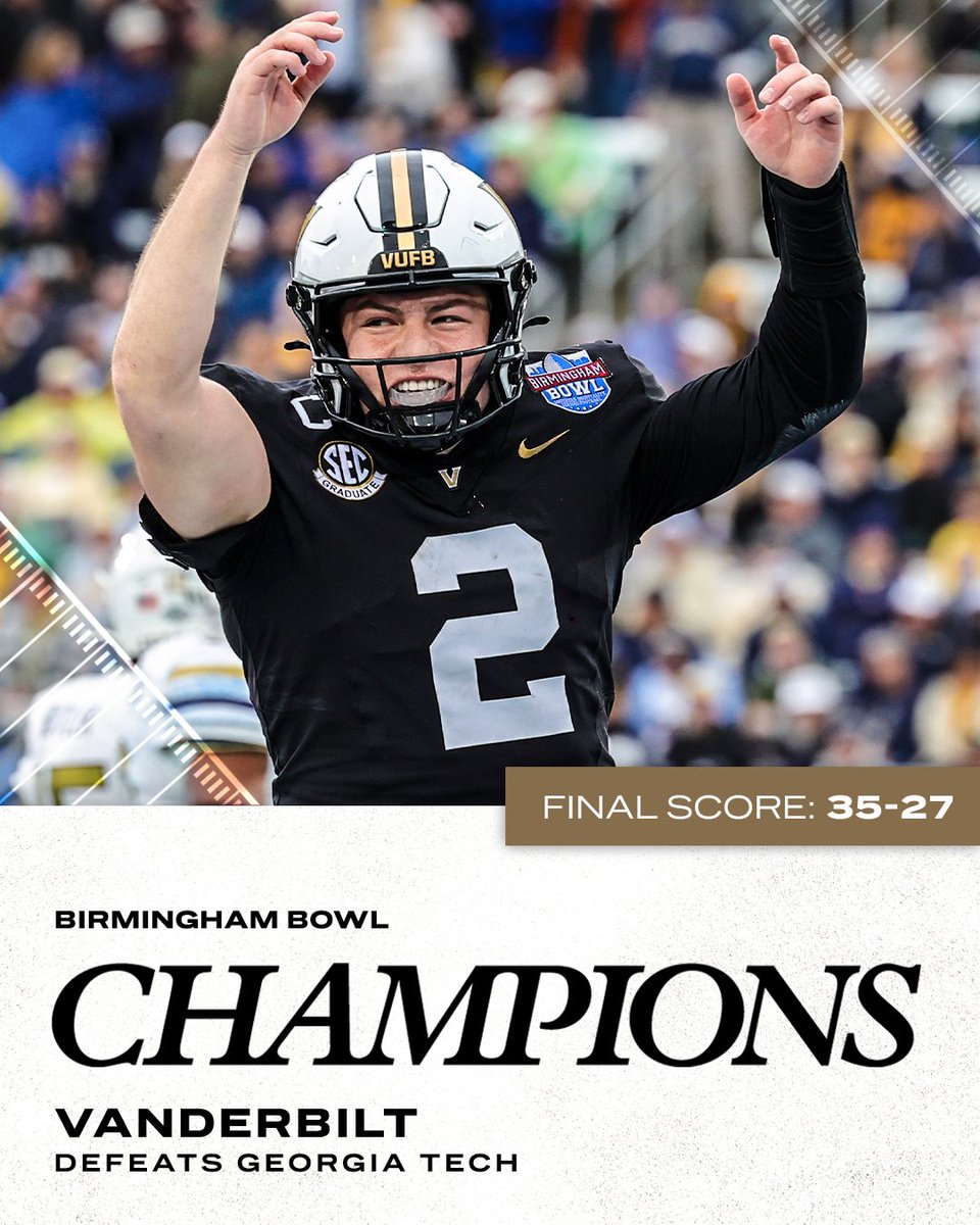 VANDERBILT GETS ITS FIRST BOWL WIN SINCE 2013 💪 

Diego Pavia's 5 Total TD is the most in a bowl game in Vanderbilt history 🔥