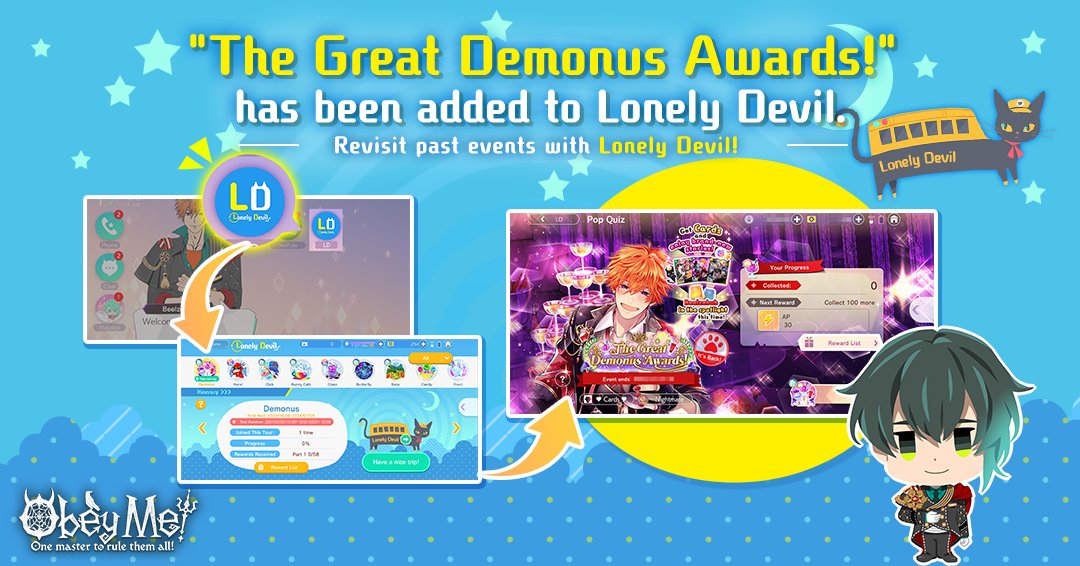 ObeyMeOriginal's tweet image. The Pop Quiz &quot;The Great Demonus Awards!&quot; has been added to Lonely Devil.
Time to check out this new destination in Lonely Devil!

#Obeyme #obeymemasters #obeymejp #SWD #otome #game