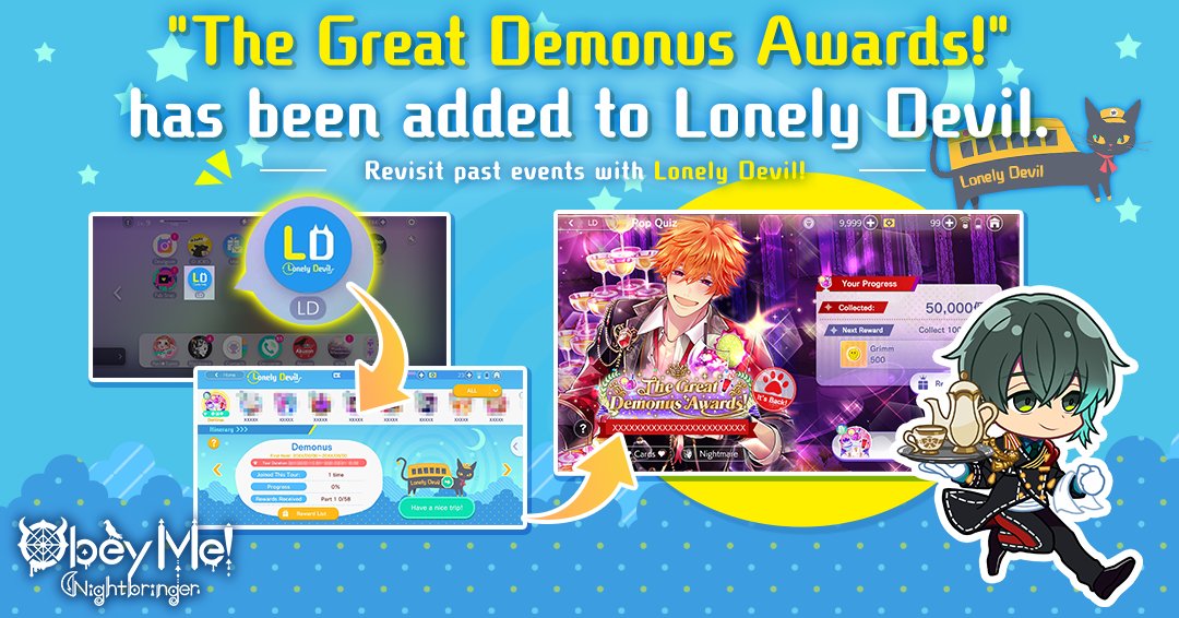 ObeyMeNB's tweet image. The Pop Quiz &quot;The Great Demonus Awards!&quot; has been added to Lonely Devil.
Time to check out this new destination in Lonely Devil! 

#ObeyMeNightbringer #Obeyme  #obeymejp #ObeyMeNB