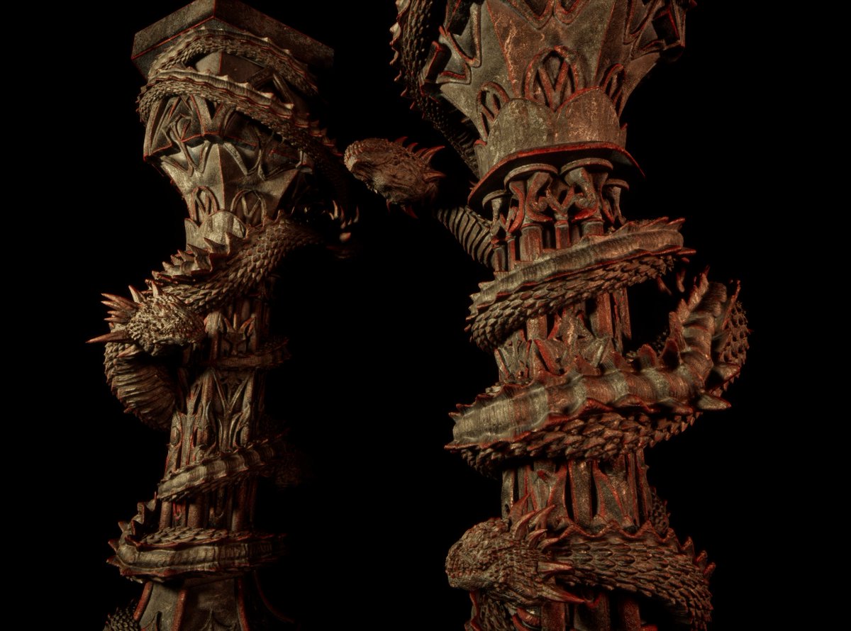 Pair of Basilisk Pillars with 2 different wrap combos. WIP for an upcoming project based on a ASOIAF. <a href="/thedragonLML/">🜃🜏 The Dragon LmL 🜏🜃</a> #3dart #3dartwork #UE5 #gamedevs <a href="/HouseofDragon/">House of the Dragon</a> <a href="/UnrealEngine/">Unreal Engine</a> #zbrush Any feedback would be appreciated as to what the fandom would like to see. <a href="/ASOIAFQuotesGOT/">GameofThrones Quotes</a>
