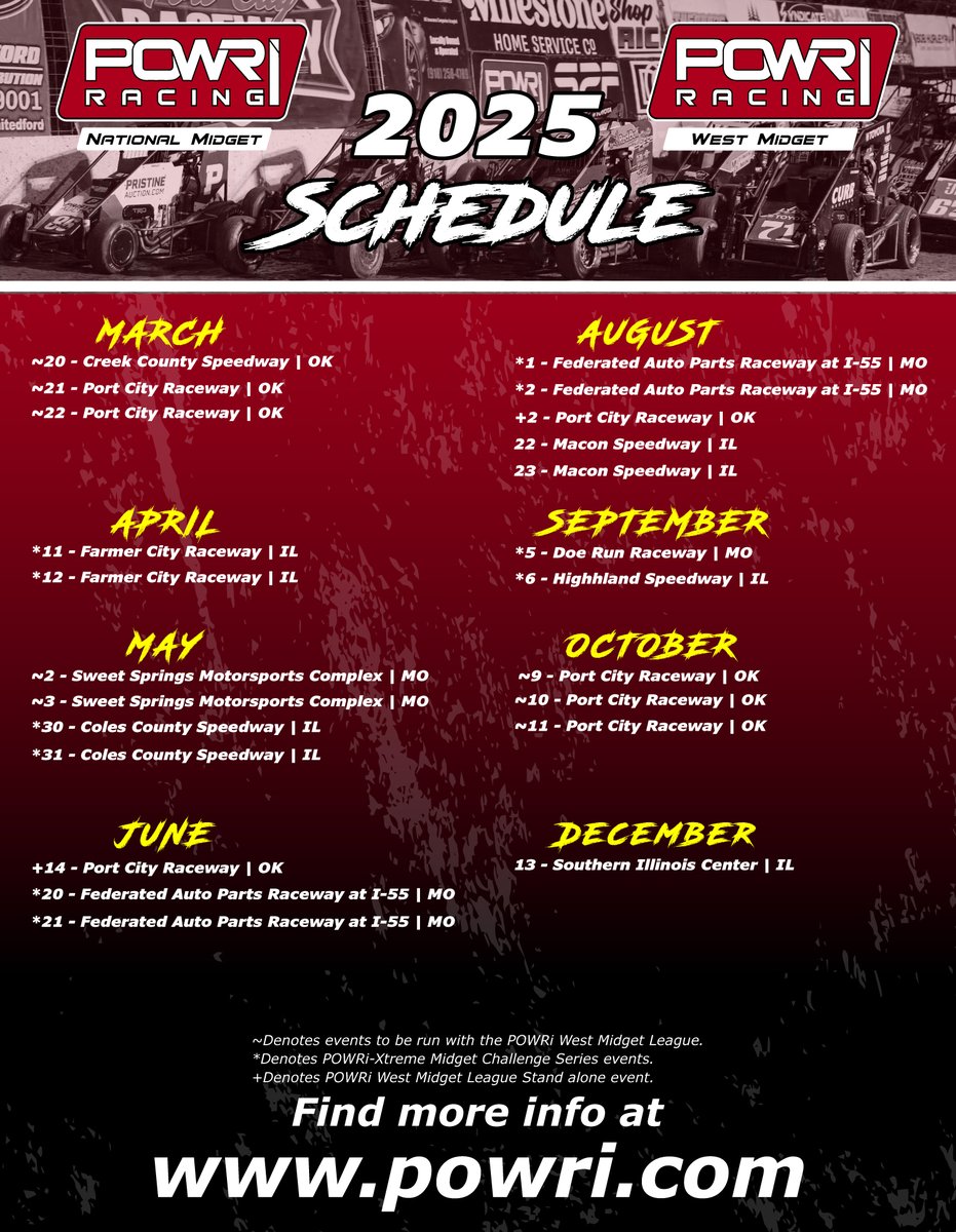 Spanning 21 nights from March to December, across 10 tracks in 3 states, the 2025 POWRi National Midget League schedule has been completed!

For the full schedule and more information, visit: powri.com/news/?i=164446