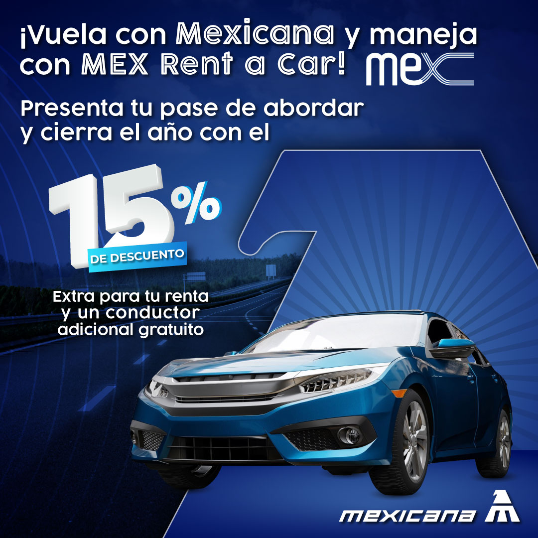 MexicanaVuela_'s tweet photo. Con Mexicana y @MexRentACar, tu viaje no termina al aterrizar. 🛫🚗 
Presenta tu pase de abordar, obtén un 15% de descuento en la renta de tu auto y lleva un conductor adicional gratis. 💙✨

#Mexicana https://t.co/8nUN1QnDrM