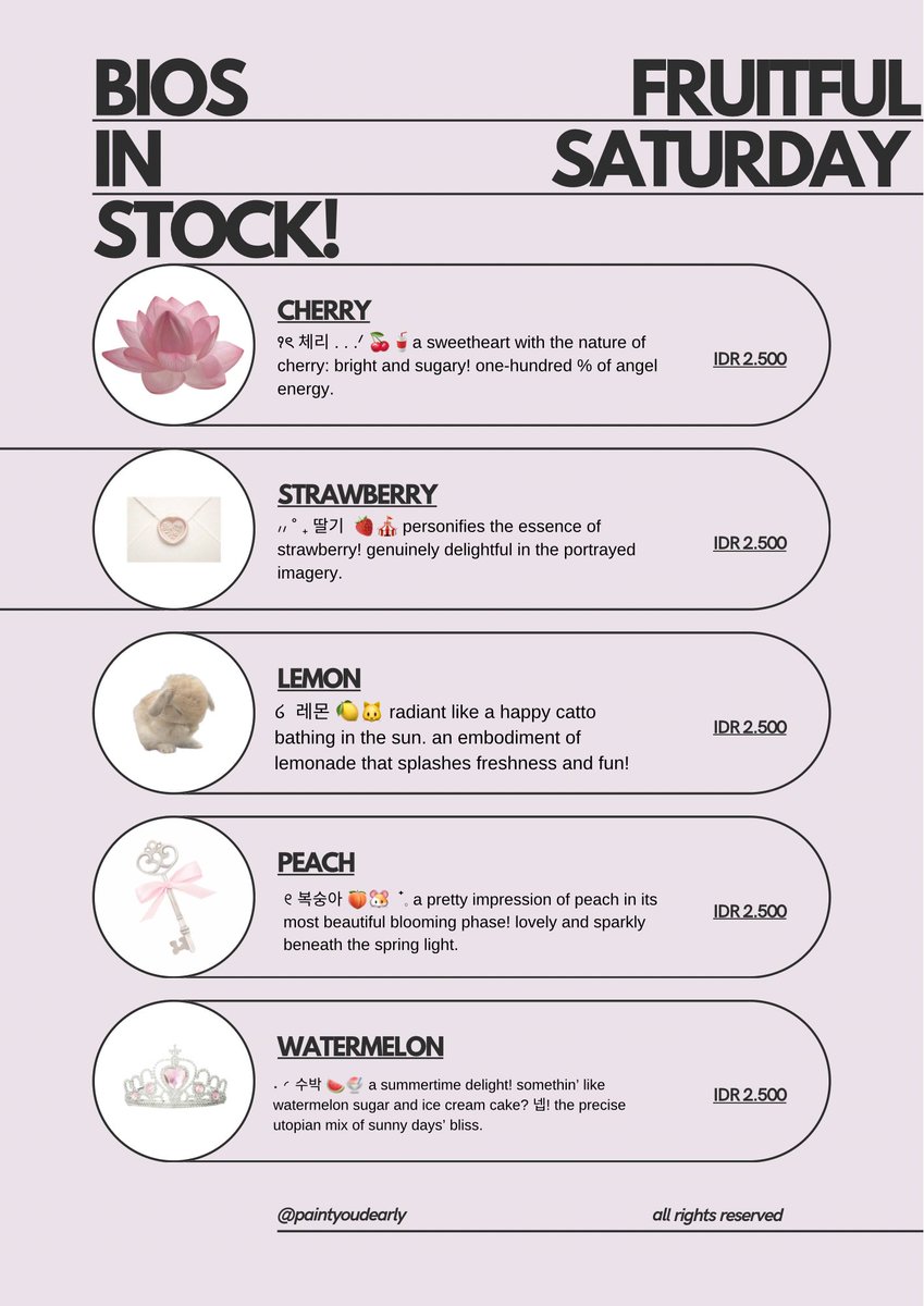 𓈒⠀⠀𓏸⠀⠀𓇼 a repost, please? thank you! ♡

happy saturday! aku punya beberapa bio wording ready stock fruity edition yang bisa diklaim sekarang juga. 🍒🍓🍋🍑🍉 

📝🧺 payment hanya lewat dana atau spay. tidak tersedia QRIS. #zonauang