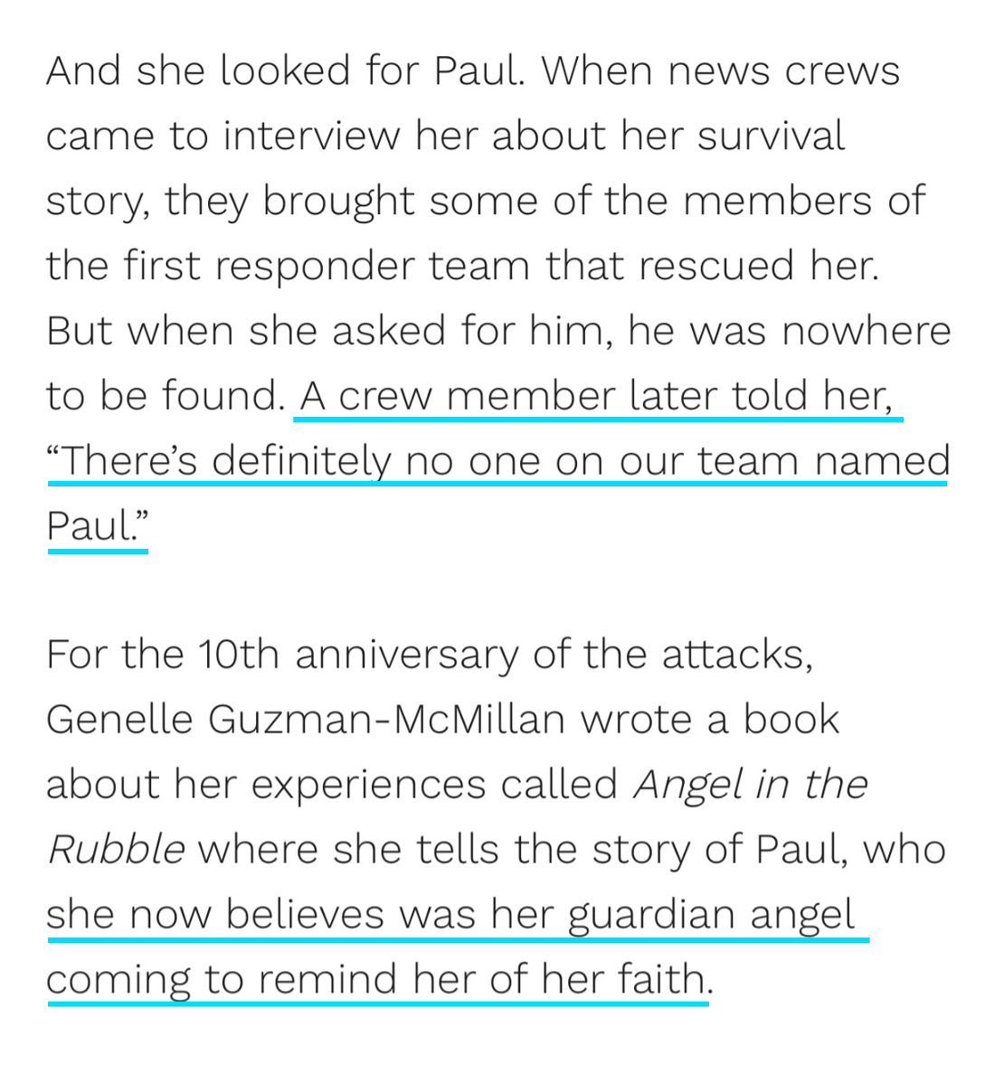 Kabamur_Taygeta's tweet photo. 'Angelic assistance'

The last person rescued on 9/11 recounts praying, when suddenly a man grabbed her hand and said her name.

"Genelle, I've got you. My name is Paul."

She was later told by rescue workers there was no one named Paul with them.

This is what Pleiadians do.