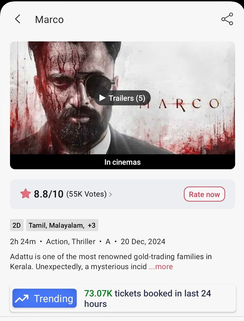 Prabhakar0295's tweet photo. #Marco Day 8 (Friday) booking maintains excellence even on weekdays as 73.07k tickets ποΈ sold on bookmyshow π₯π₯
#UnniMukundan #Yuktithareja #MarcoDec20 #HaneefAdeni #RaviBasur #KabirDuhansingh #MarcoMovie #blockbusterMarco https://t.co/njf7669qJx