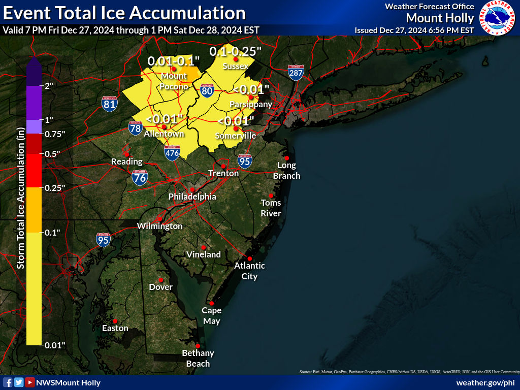 NWS_MountHolly's tweet photo. Freezing rain is still expected later tonight. Be cautious if planning to be out and about after midnight in the areas highlighted yellow! A change to rain is likely across the region no later than mid morning Saturday. https://t.co/7oLfkWxRm2