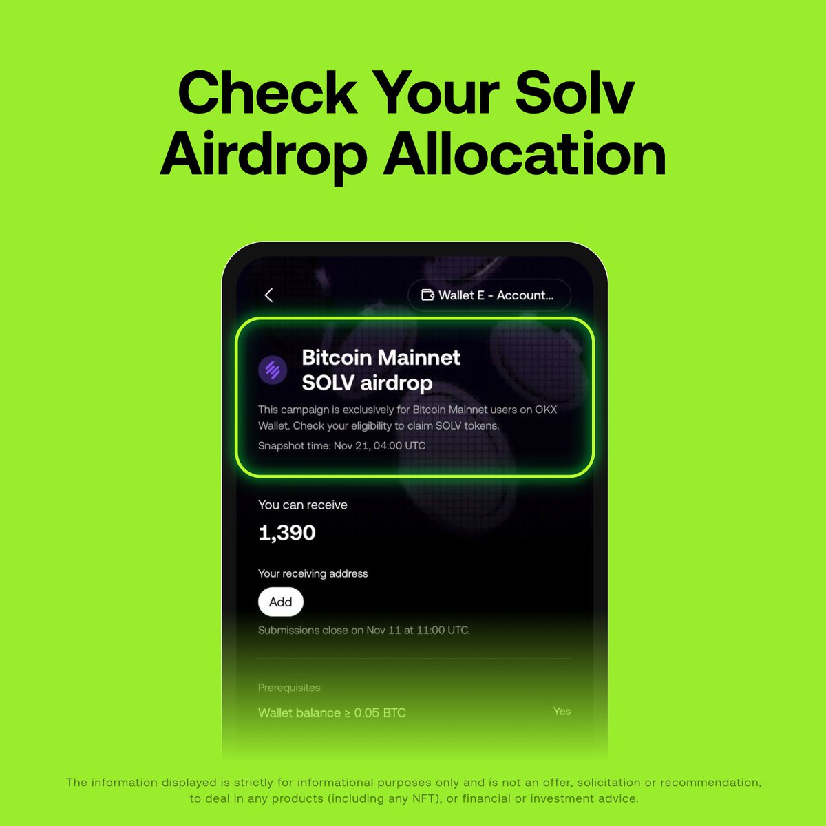 Ready for the additional @SolvProtocol airdrop for #OKXWallet BTC mainnet  users? Verify your status and the amount of $SOLV on our App & Telegram  Wallet: 1️⃣ Enter your EVM address 2️⃣ Ensure