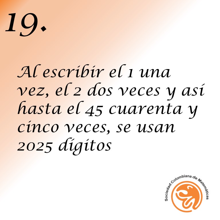 En #25DatosSobre2025 hemos hablado tanto de 2025 como cuadrado de 45 que parecería que esta propiedad la tiene cualquier cuadrado... ¡pero no! ❌️ ¡1 y 45 son los únicos! (Por ejemplo, escribir 1 una vez y 2 dos veces no usa cuatro dígitos, solo tres 😱)

#MatematicasParaTodos