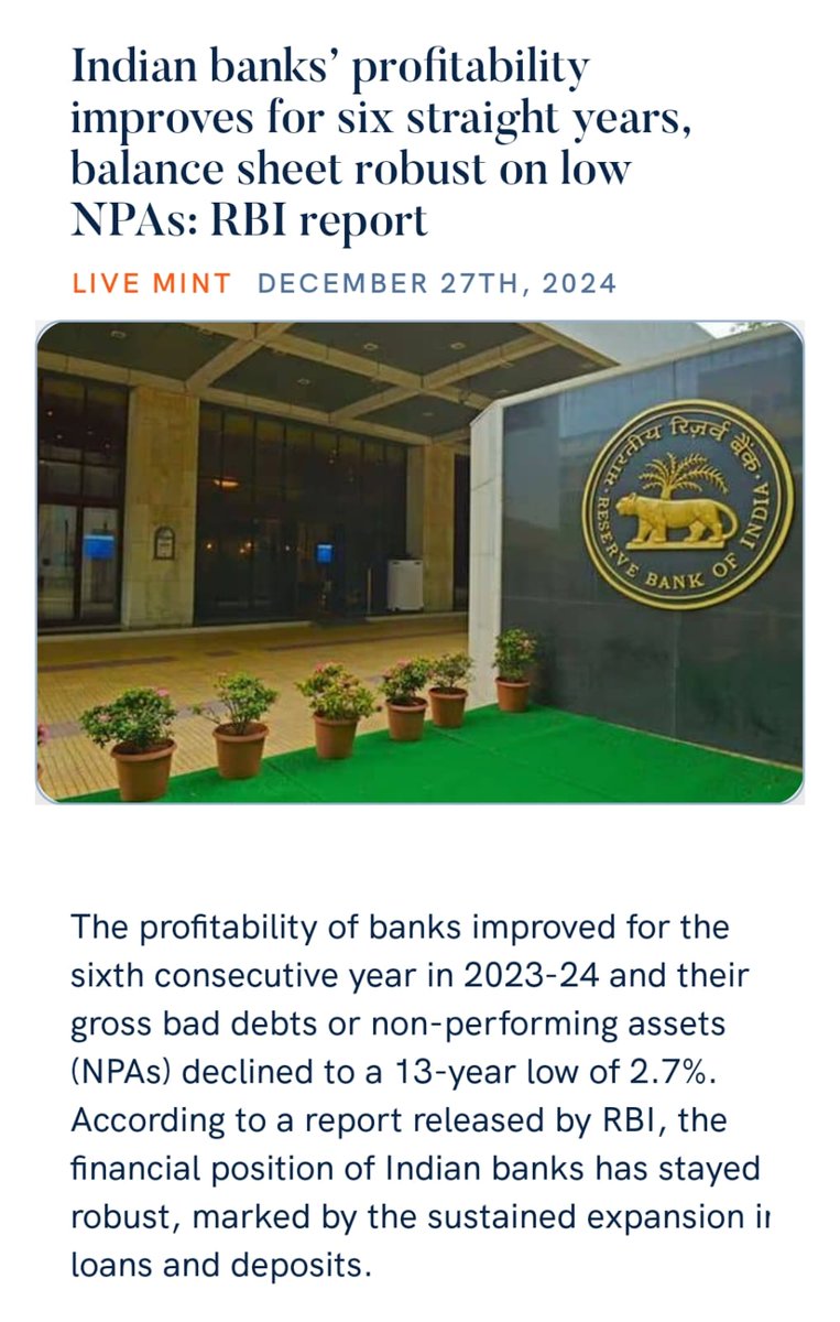 himantabiswa's tweet photo. Indian banks’ profitability improves for six straight years, balance sheet robust on low NPAs: RBI report
https://t.co/e0Y6qZZhOH via NaMo App https://t.co/5zDRzUwY3Q