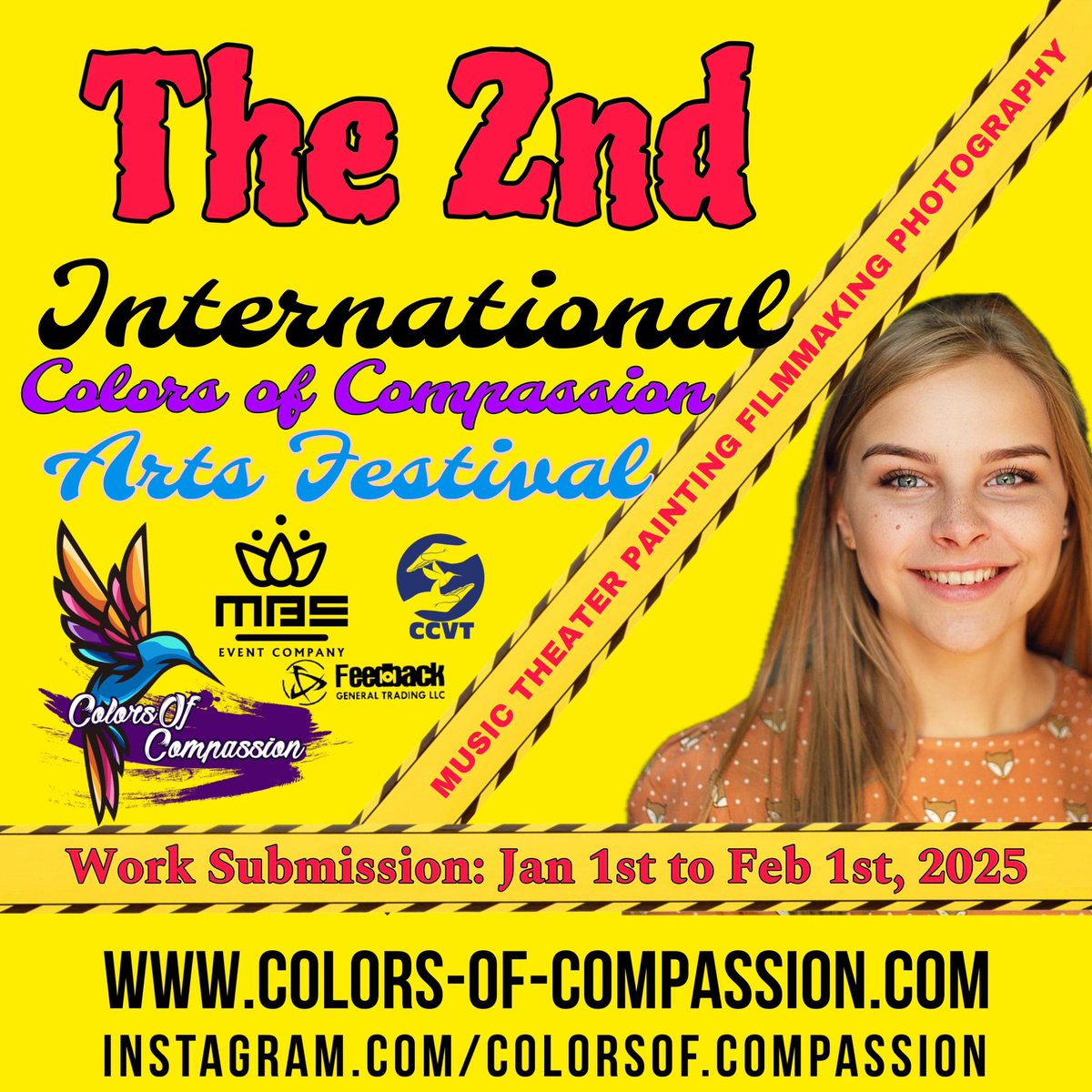 Compassiondxb's tweet photo. 🎨✨ The 2nd International Colors of Compassion Arts Festival is back! After a successful debut in Dubai, we’re calling artists worldwide to join us in celebrating values of peace, tolerance, and unity through art. 🌍💫 

🏅 Join us: https://t.co/rxvxxhAiRt https://t.co/I2iP4aqfPV