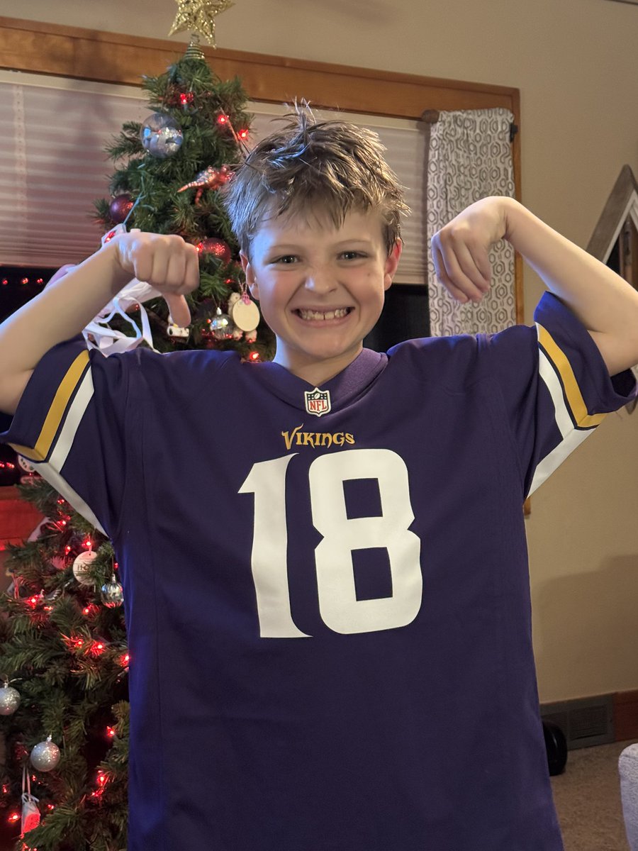 BigBilly66N's tweet photo. @JJettas2 Your jersey was #1 on my son’s Christmas list.  Hasn’t taken it off since Christmas morning 😂.   Your the man @JJettas2 
#skol #beatthepack https://t.co/QlnskmSrOP