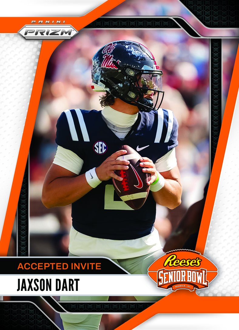 seniorbowl's tweet photo. Officially Accepted! QB Jaxson Dart @JaxsonDart from @OleMissFB is headed to the 2025 Reese's Senior Bowl #HottyToddy 💪 #BestOfTheBest #TheDraftStartsInMOBILE™️

@JimNagy_SB @PaniniAmerica #RatedRookie https://t.co/tAK8xvbU4o