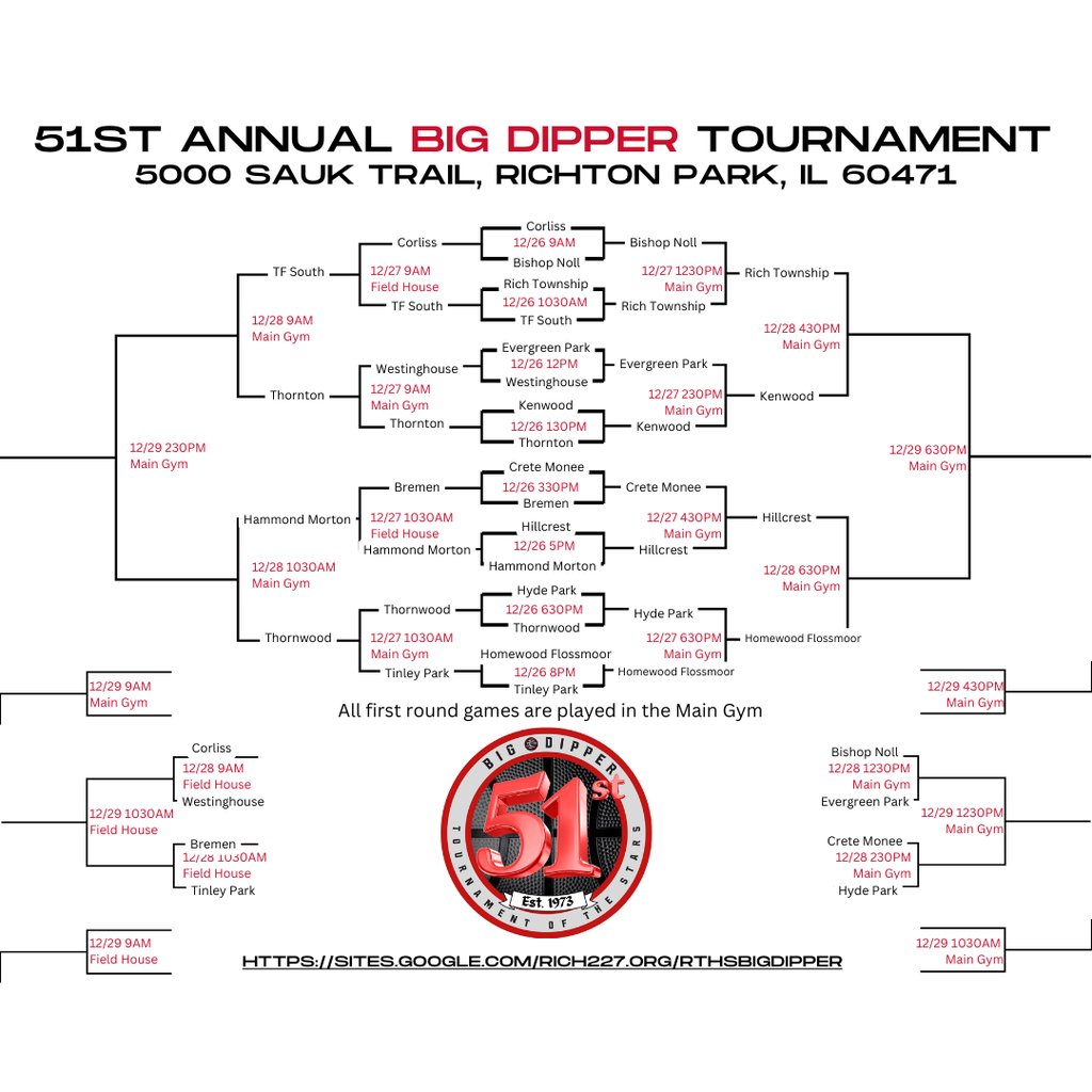 RichTownshipHS's tweet photo. #Dipper51 Semifinal Saturday is set. Morning games will be played in the Main Gym and Field House. The gym will be cleared after each session. All spectators must present an ID upon entering the facility. https://t.co/a5ogHidpUp