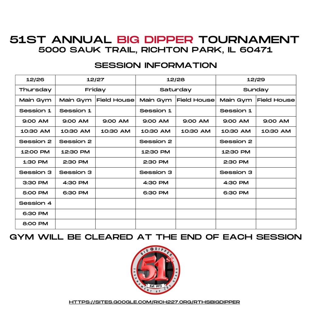 RichTownshipHS's tweet photo. #Dipper51 Semifinal Saturday is set. Morning games will be played in the Main Gym and Field House. The gym will be cleared after each session. All spectators must present an ID upon entering the facility. https://t.co/a5ogHidpUp