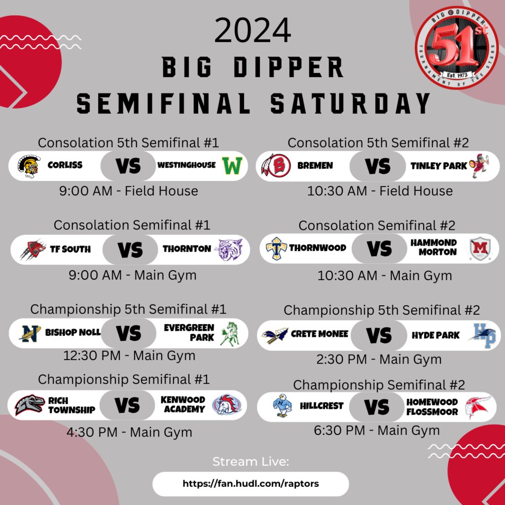 RichTownshipHS's tweet photo. #Dipper51 Semifinal Saturday is set. Morning games will be played in the Main Gym and Field House. The gym will be cleared after each session. All spectators must present an ID upon entering the facility. https://t.co/a5ogHidpUp