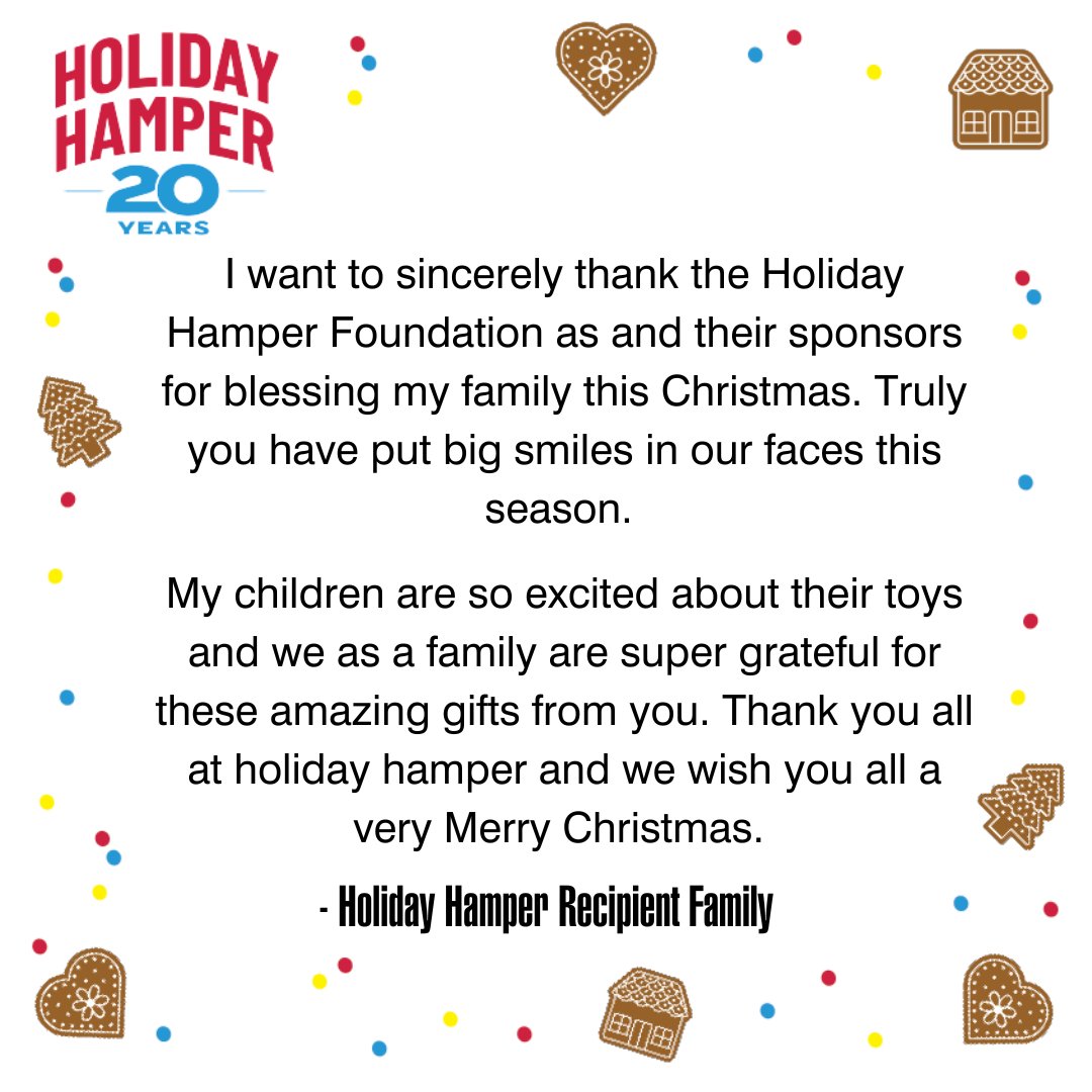 We're getting even more thank you emails from Holiday Hamper recipient families. We are still short of reaching our fundraising goal. Want to donate $20 for our 20th Anniversary year and help set us up for success next year? Visit holidayhamper.ca/donate 
#yeg
