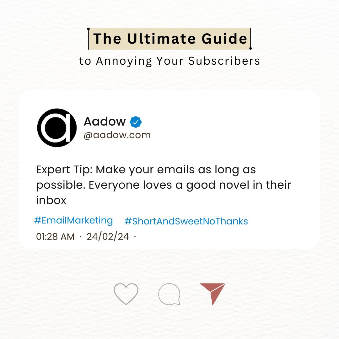 aadow_com's tweet photo. Apparently, the key to email marketing success is to write a Tolstoy-length novel for each message.  We're just kidding!  Keep your emails concise and engaging.  #EmailMarketing #ShortAndSweetNoThanks #Aadow #DontBeThatGuy #Humor" https://t.co/AElbK48Uqv