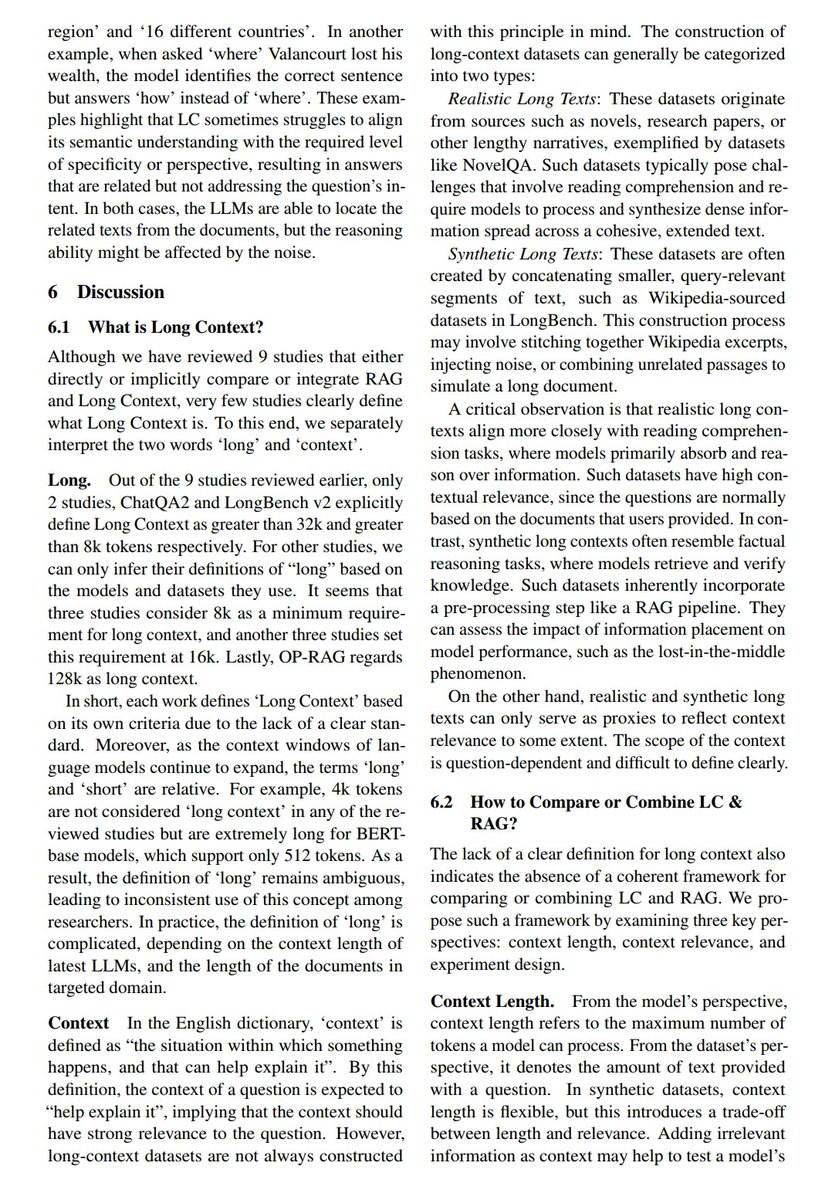 AixinSG's tweet photo. There is a lack of a clear definition of #LongContext, as studies vary in their token thresholds (e.g., 8k, 32k, 128k). LC datasets can also be realistic (e.g., novels, research papers) and synthetic (e.g., concatenated Wikipedia excerpts) long texts. Realistic texts align with comprehension tasks, while synthetic texts focus on factual reasoning. The challenges of defining #LC and combining it with retrieval-augmented generation (#RAG) are explored, focusing on context length, relevance, and experiment design. ---- A summary generated by ChatGPT