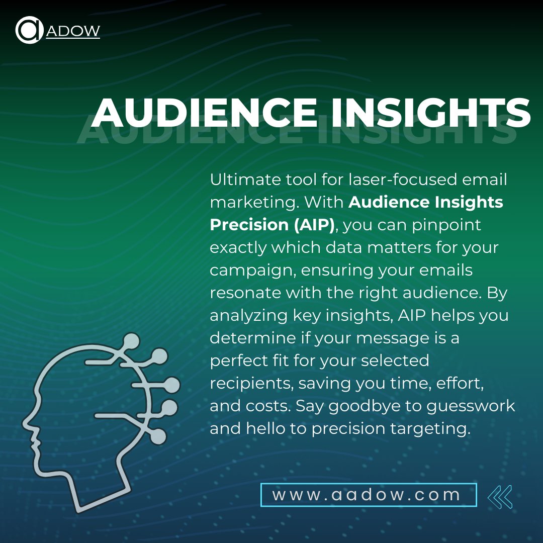 aadow_com's tweet image. Boost your email marketing ROI with Audience Insights Precision (AIP).&quot; 🚀  By analyzing key data points, AIP helps you segment your audience and deliver the right message to the right person at the right time.

#EmailMarketingROI #AudienceSegmentation #TargetedMessaging #Aadow