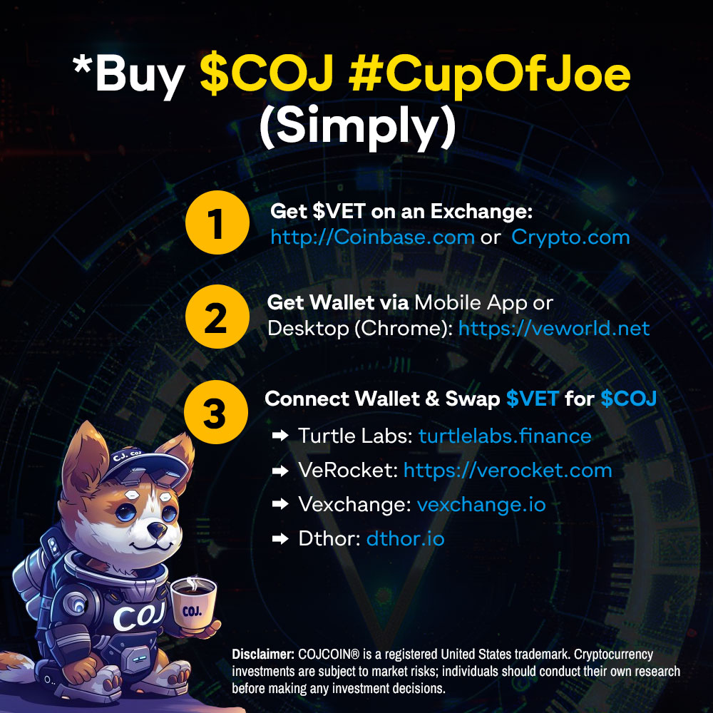 cojcoin's tweet photo. Here is a cheat sheet on how to buy $COJ #VeChain 

This is also similar to how you would also buy any other #VeChain #token https://t.co/wy2aH6bBjB
