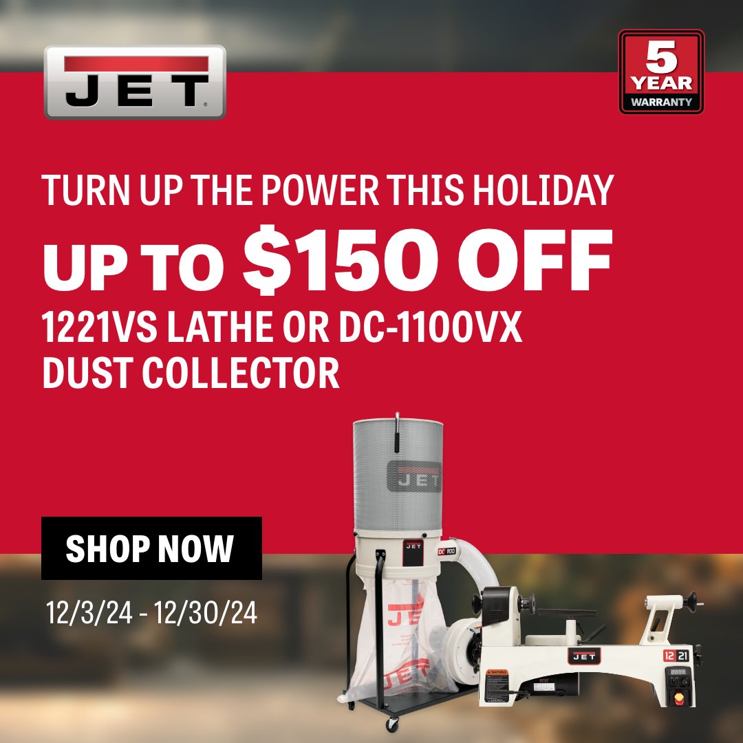 Toolstoday's tweet image. 🎄 Turn up the power this holiday season! Save up to $150 OFF the JET 1221VS Lathe or DC-1100VX Dust Collector. 🎁 Perfect for any woodworking project!

📅 Offer valid 12/3/24 - 12/30/24
🛒 Shop now: bit.ly/3CszlYv

#JETTools #Woodworking #HolidayDeals