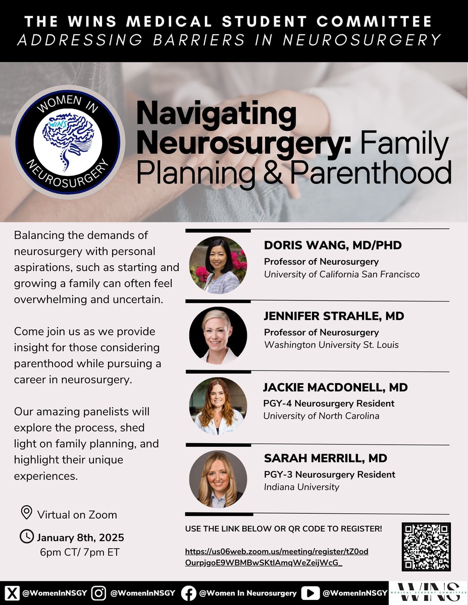 Women In Neurosurgery (WINS) (@womeninnsgy) on Twitter photo Join us for a virtual event on parenthood in #neurosurgery! Hear from experts on family planning, work-life balance, and navigating the field’s demands. Don’t miss the conversation—register now! <a href="/DorisWangLab/">Doris Wang</a> <a href="/strahleMD/">Jennifer Strahle, MD</a> <a href="/SarahMerrillMD/">Sarah Merrill, MD, MS</a> <a href="/JacMacDonell/">Jackie MacDonell</a> Join us for a virtual event on parenthood in #neurosurgery! Hear from experts on family planning, work-life balance, and navigating the field’s demands. Don’t miss the conversation—register now! <a href="/DorisWangLab/">Doris Wang</a> <a href="/strahleMD/">Jennifer Strahle, MD</a> <a href="/SarahMerrillMD/">Sarah Merrill, MD, MS</a> <a href="/JacMacDonell/">Jackie MacDonell</a>