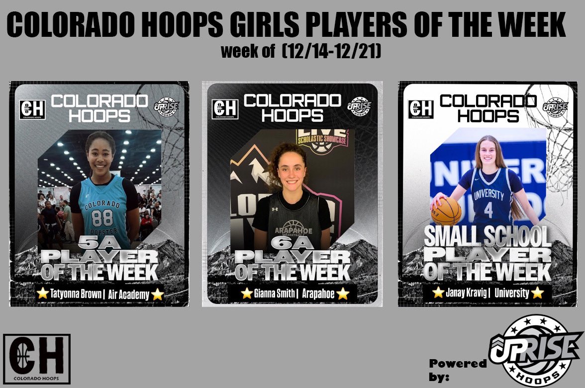 Colorado Hoops (@cohoops5280) on Twitter photo Colorado Hoops Girls Players of the Week Powered by <a href="/Uprise_Hoops/">Uprise Hoops</a> (12/14-12/21)
FREE ARTICLE: coloradohoopsorg.wordpress.com/2024/12/28/gir…
6A Player of the Week: <a href="/GiannaSmith03/">Gianna Smith</a>
5A Player of the Week: <a href="/TatyonnaBrown/">Tatyonna Brown</a>
Small School Player of the Week: Janay Kravig Colorado Hoops Girls Players of the Week Powered by <a href="/Uprise_Hoops/">Uprise Hoops</a> (12/14-12/21)
FREE ARTICLE: coloradohoopsorg.wordpress.com/2024/12/28/gir…
6A Player of the Week: <a href="/GiannaSmith03/">Gianna Smith</a>
5A Player of the Week: <a href="/TatyonnaBrown/">Tatyonna Brown</a>
Small School Player of the Week: Janay Kravig